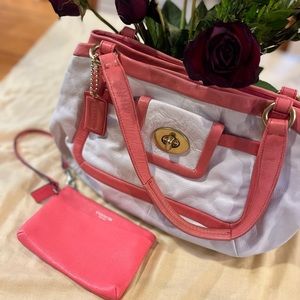 Coach white and coral bag with matching wallet. Leather